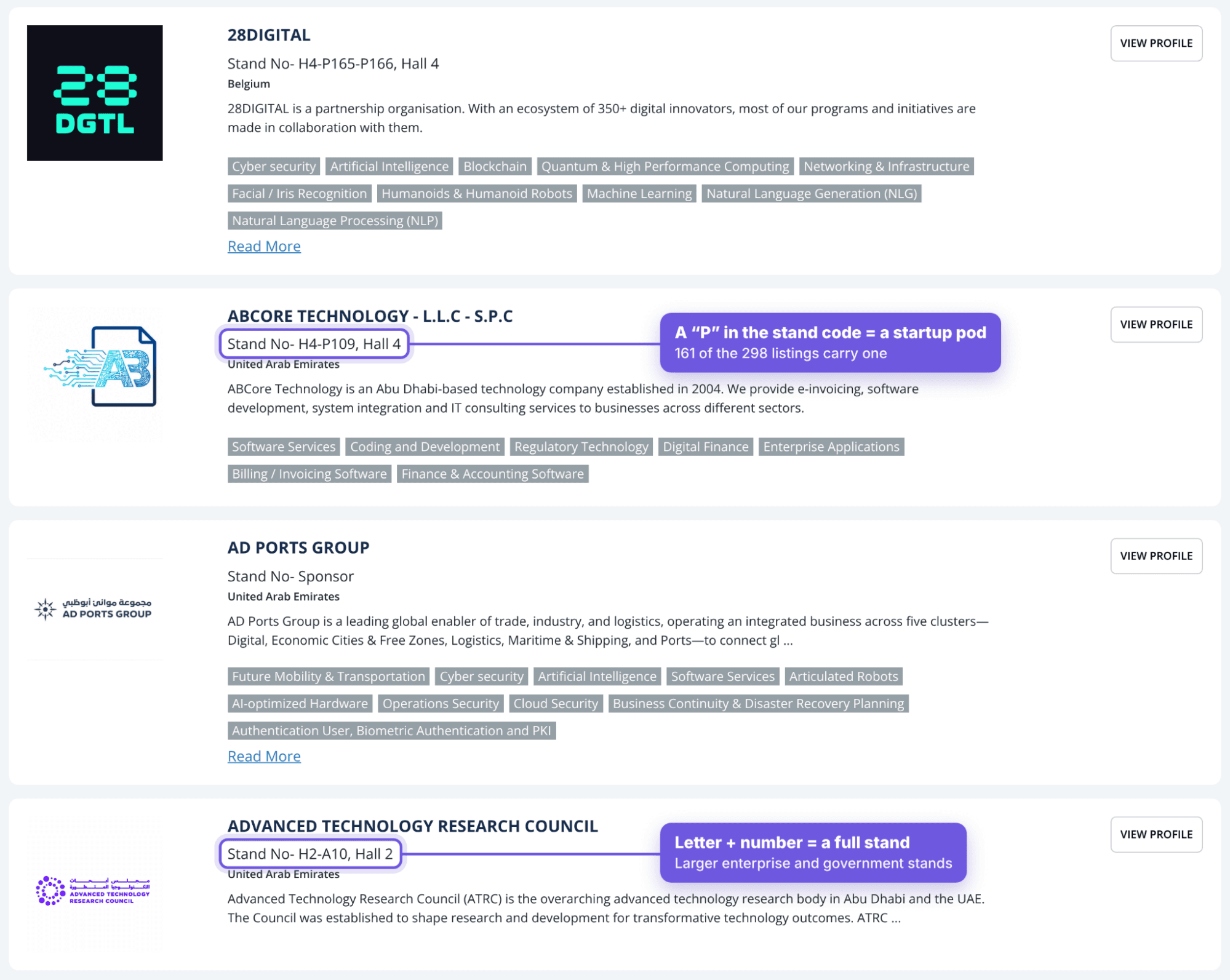 Infographic titled Start with the directory showing AI Everything Abu Dhabi 2026 has 298 exhibitor listings, with a donut chart showing 55 percent or 165 listings in Hall 4, and a breakdown of Hall 3 at 63, concourse and sponsors at 28, Hall 2 at 22, and Hall 1 at 20