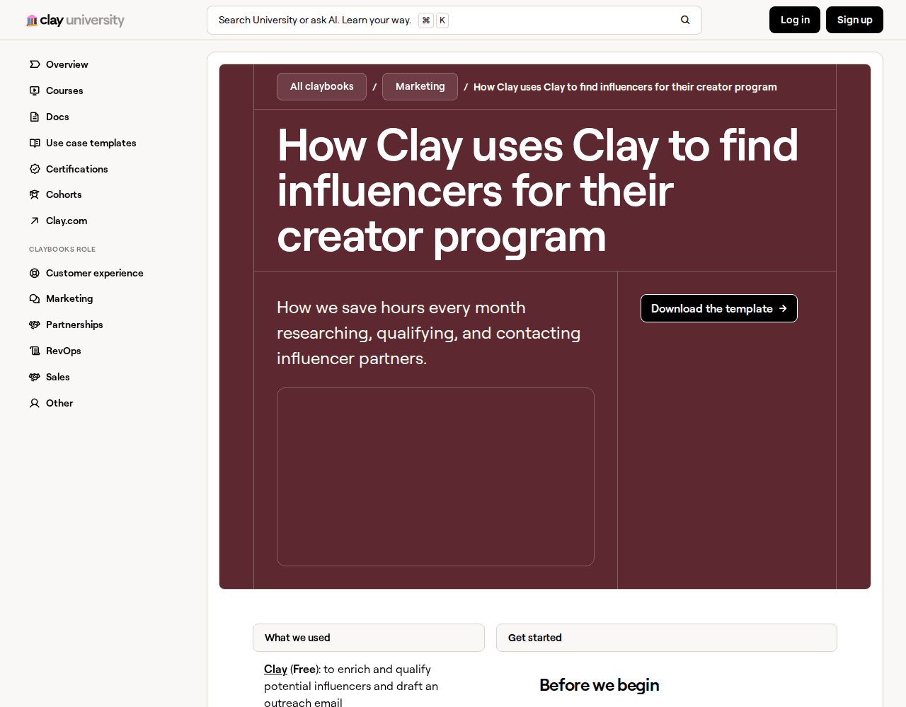 Screenshot of Clay University's published Claybook titled How Clay uses Clay to find influencers for their creator program, describing how the team saves hours a month researching, qualifying and contacting influencer partners
