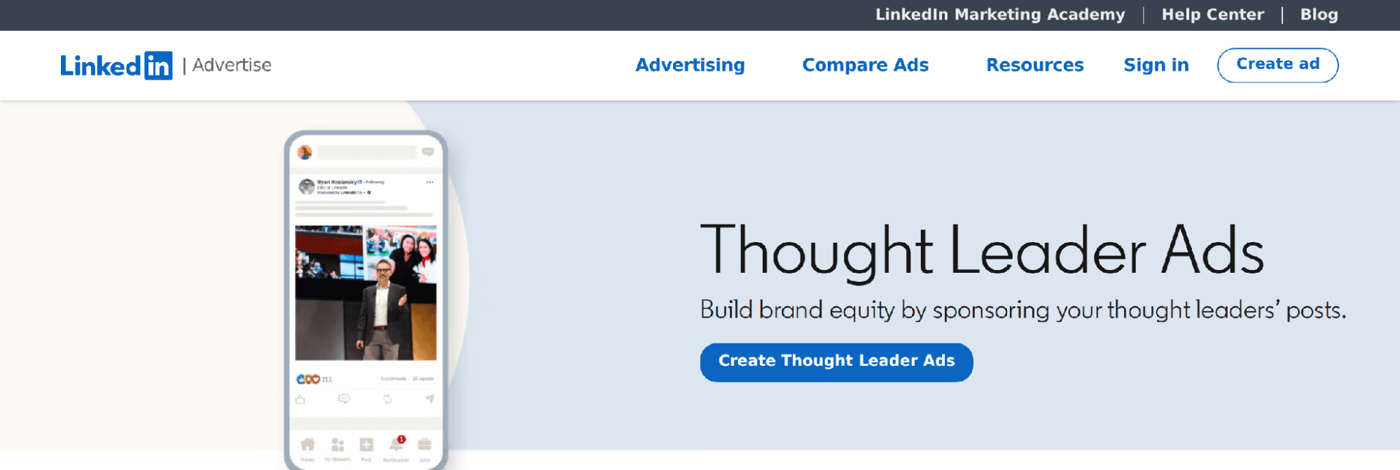 Screenshot of LinkedIn's own Thought Leader Ads product page, showing the headline Thought Leader Ads and the description Build brand equity by sponsoring your thought leaders' posts