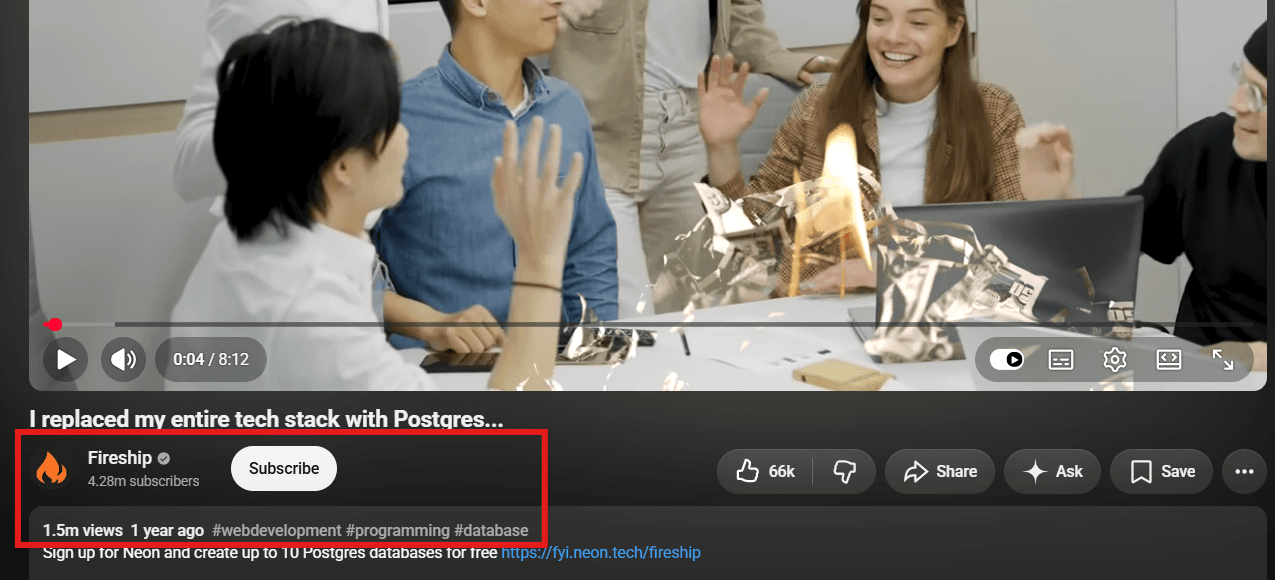 Screenshot of Fireship's YouTube video I replaced my entire tech stack with Postgres, showing 1.5 million views and a Neon sign-up link in the description