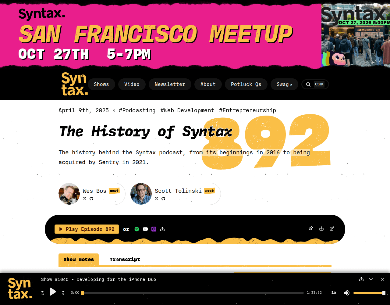 Screenshot of the Syntax podcast episode page titled The History of Syntax, describing the show's path from its 2016 beginnings to being acquired by Sentry in 2021