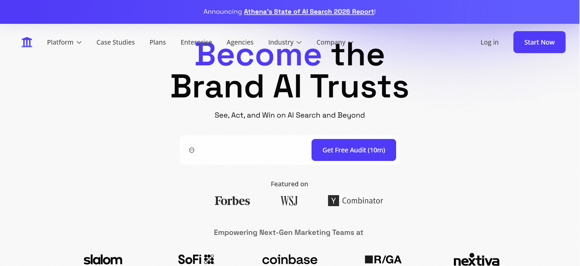AthenaHQ brand accuracy tracking dashboard showing AI brand mentions and sentiment across ChatGPT, Perplexity, Claude, and Gemini