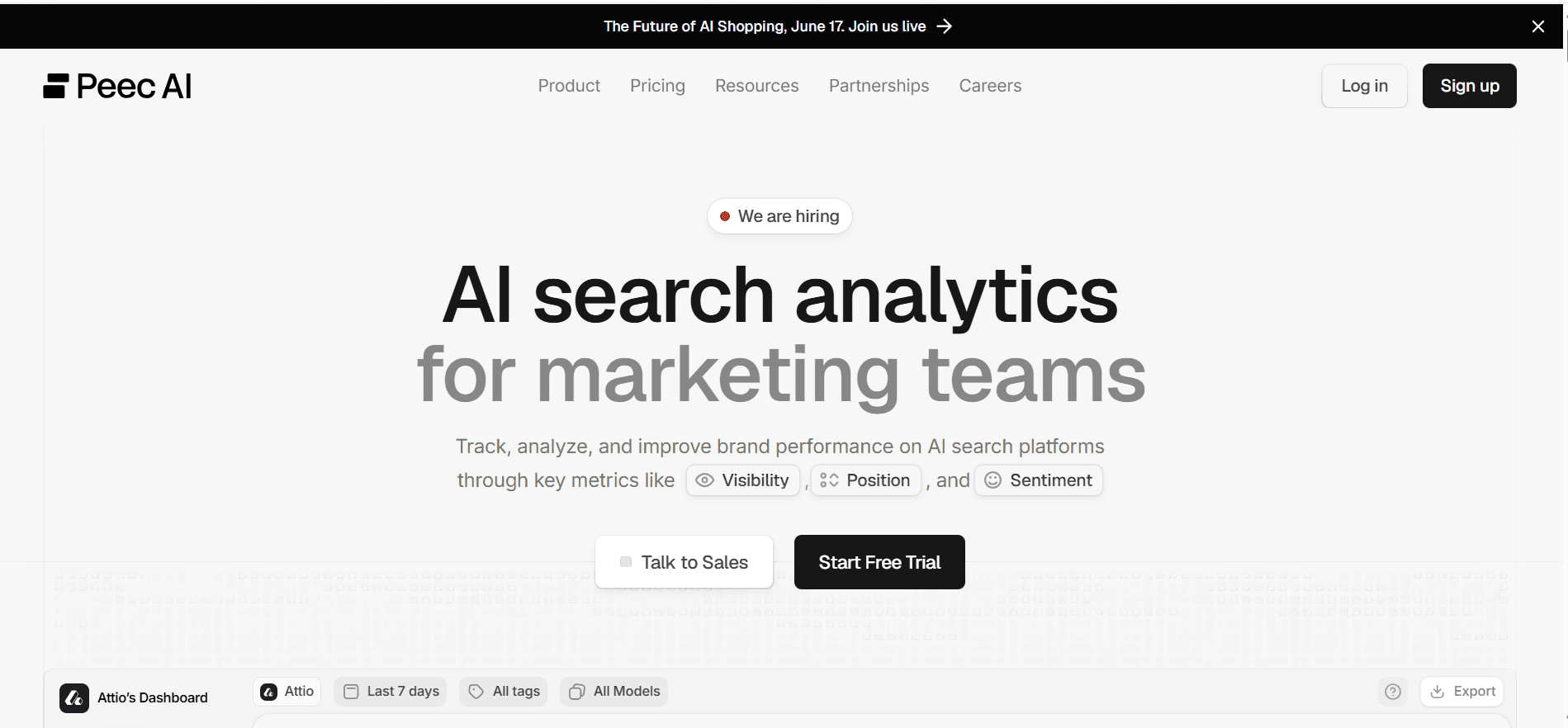 Peec AI visibility monitoring interface showing brand mentions, citation sources, and share of voice metrics