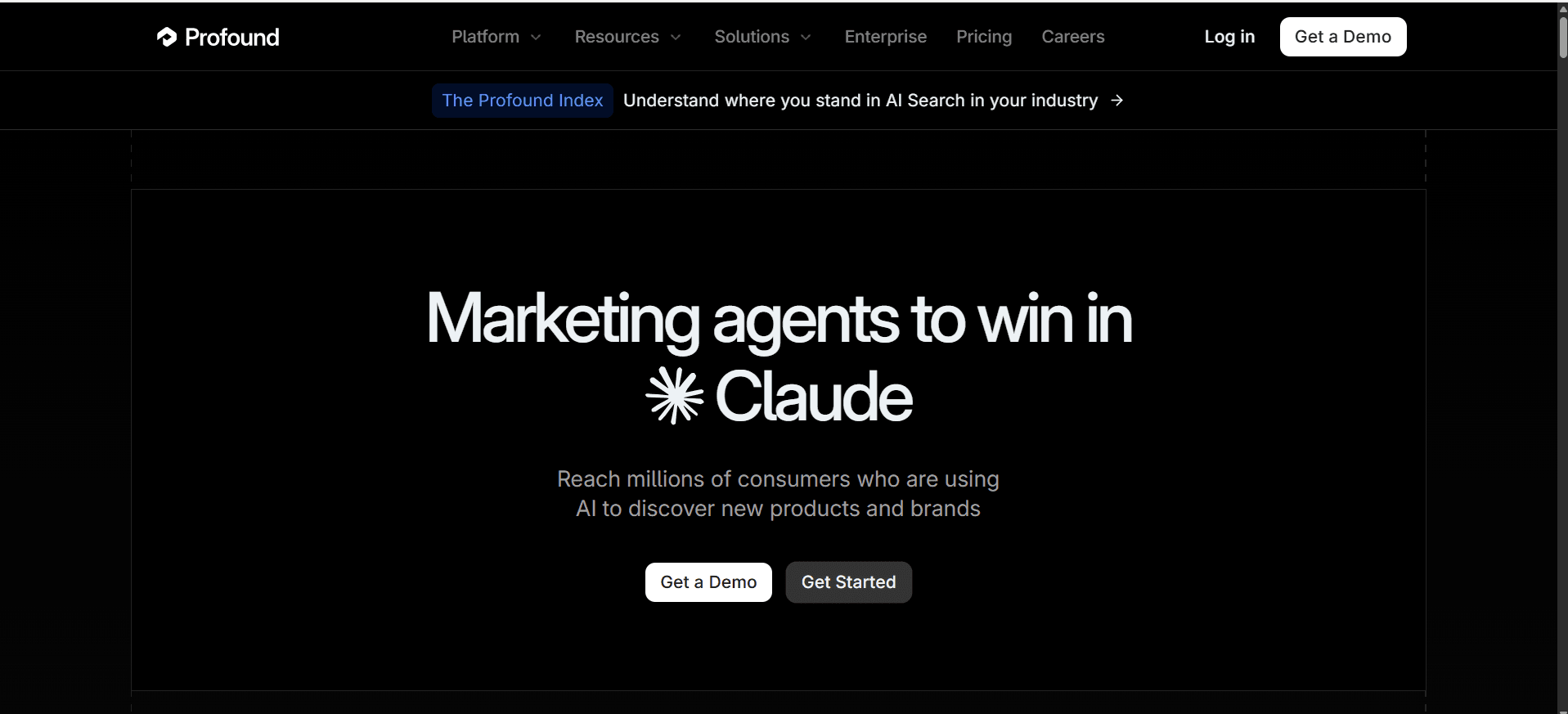 Profound enterprise AEO platform showing AI crawler analytics, prompt volume data, and multi-engine citation tracking for 700+ enterprise brands