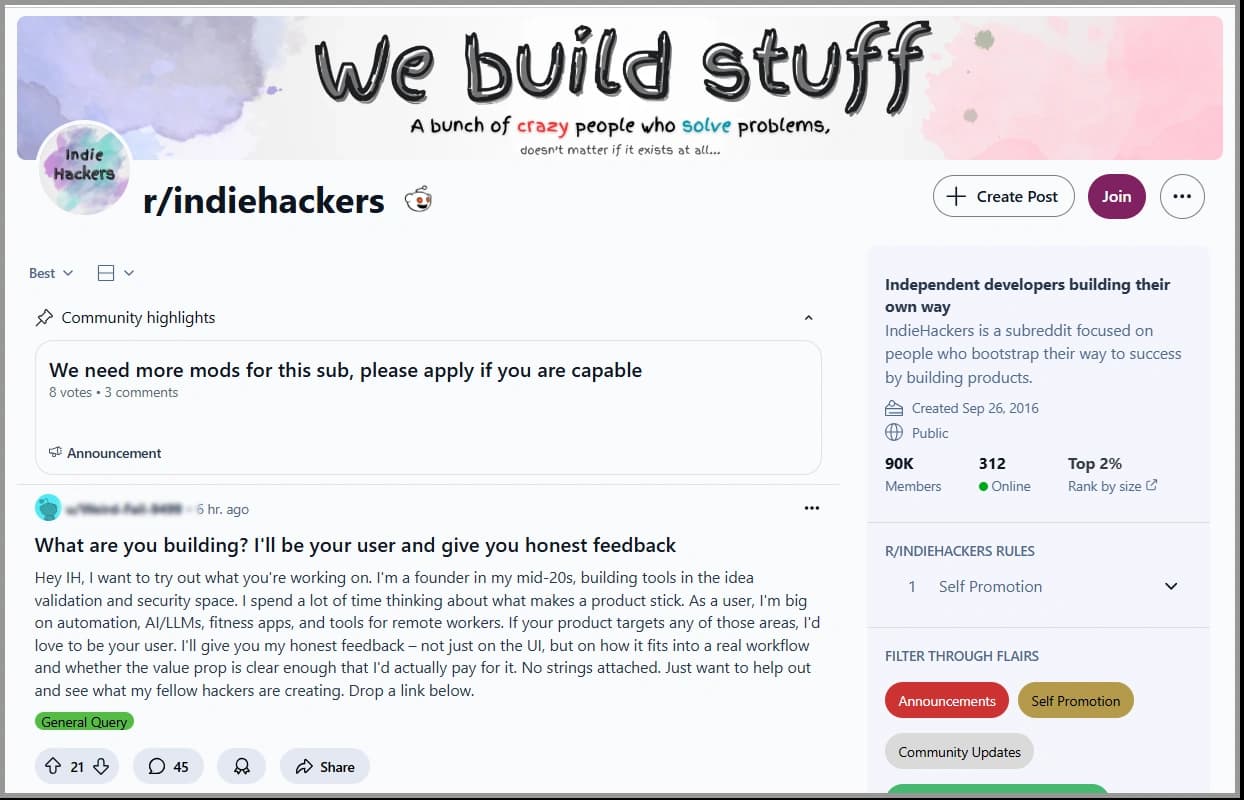 r/indiehackers is one of the best subreddits for b2b saas startups