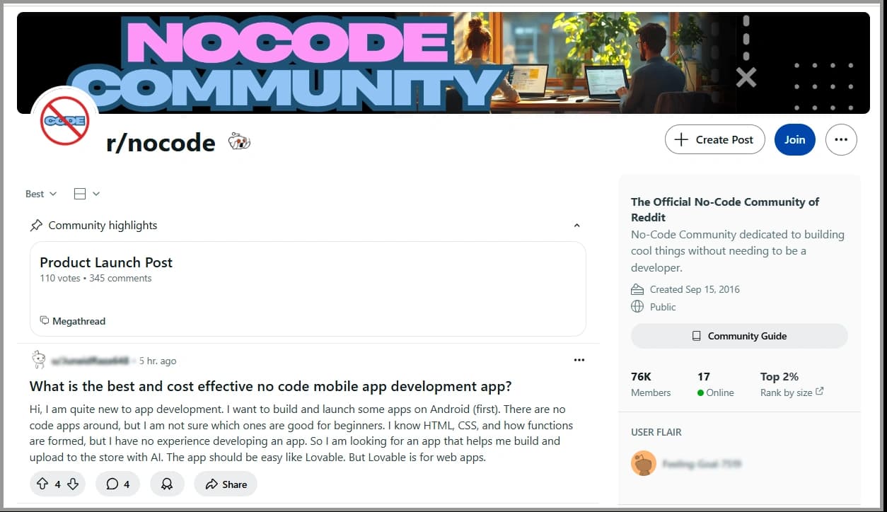 r/nocode is one of the best subreddits for b2b saas startups