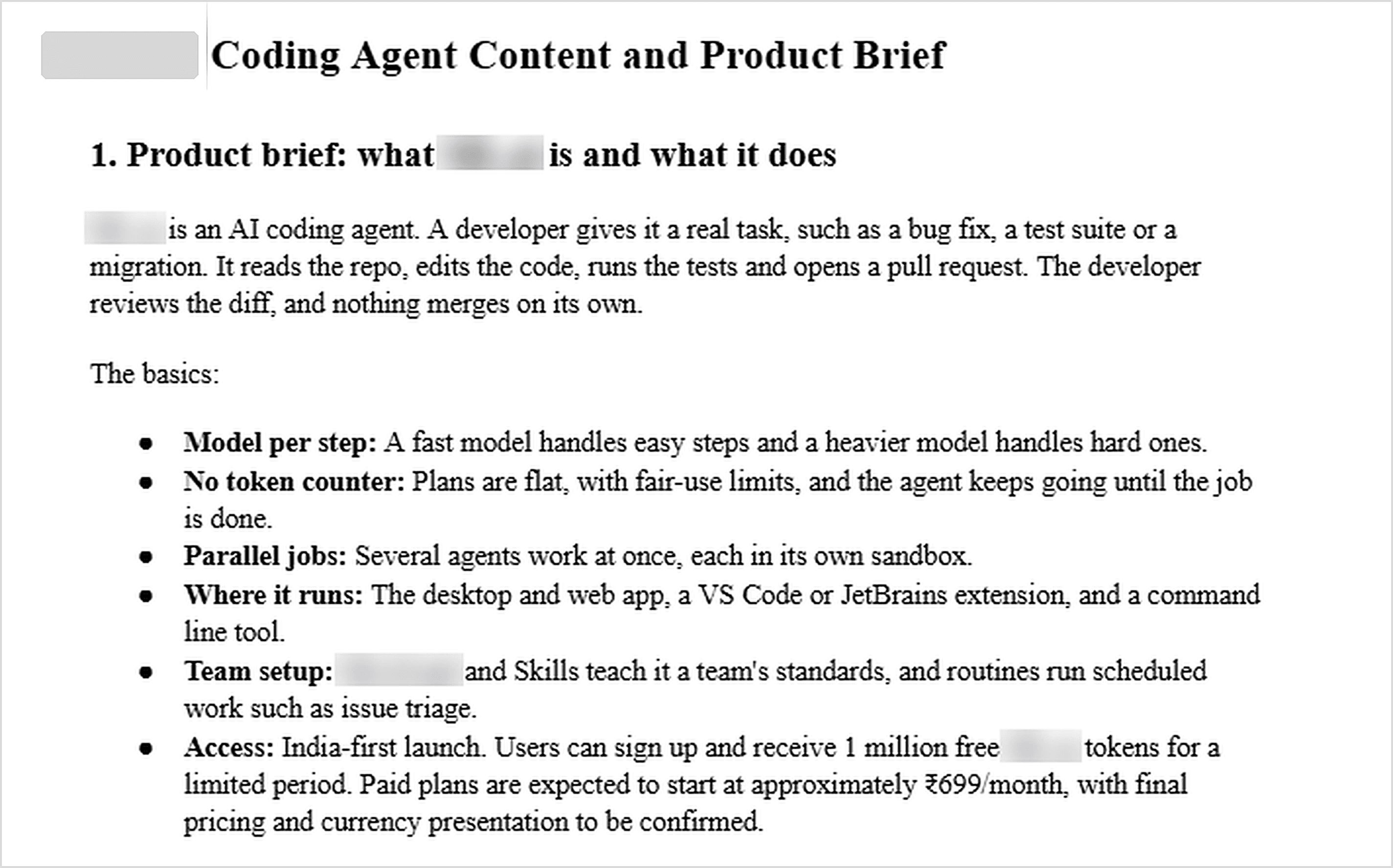 First page of a real creator brief for an AI coding agent launch, with the client's name blurred out, showing a plain-language product description followed by bullets on the model per step, flat plans with fair-use limits, parallel jobs, where it runs, team setup and access