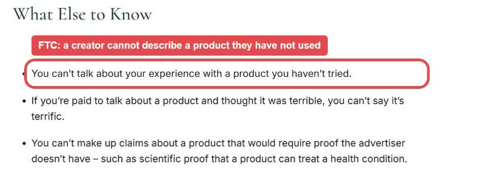 Highlighted line from the FTC's endorsement guidance for creators reading that you can't talk about your experience with a product you haven't tried, alongside rules against calling a product terrific when you thought it was terrible and against claims the advertiser cannot prove