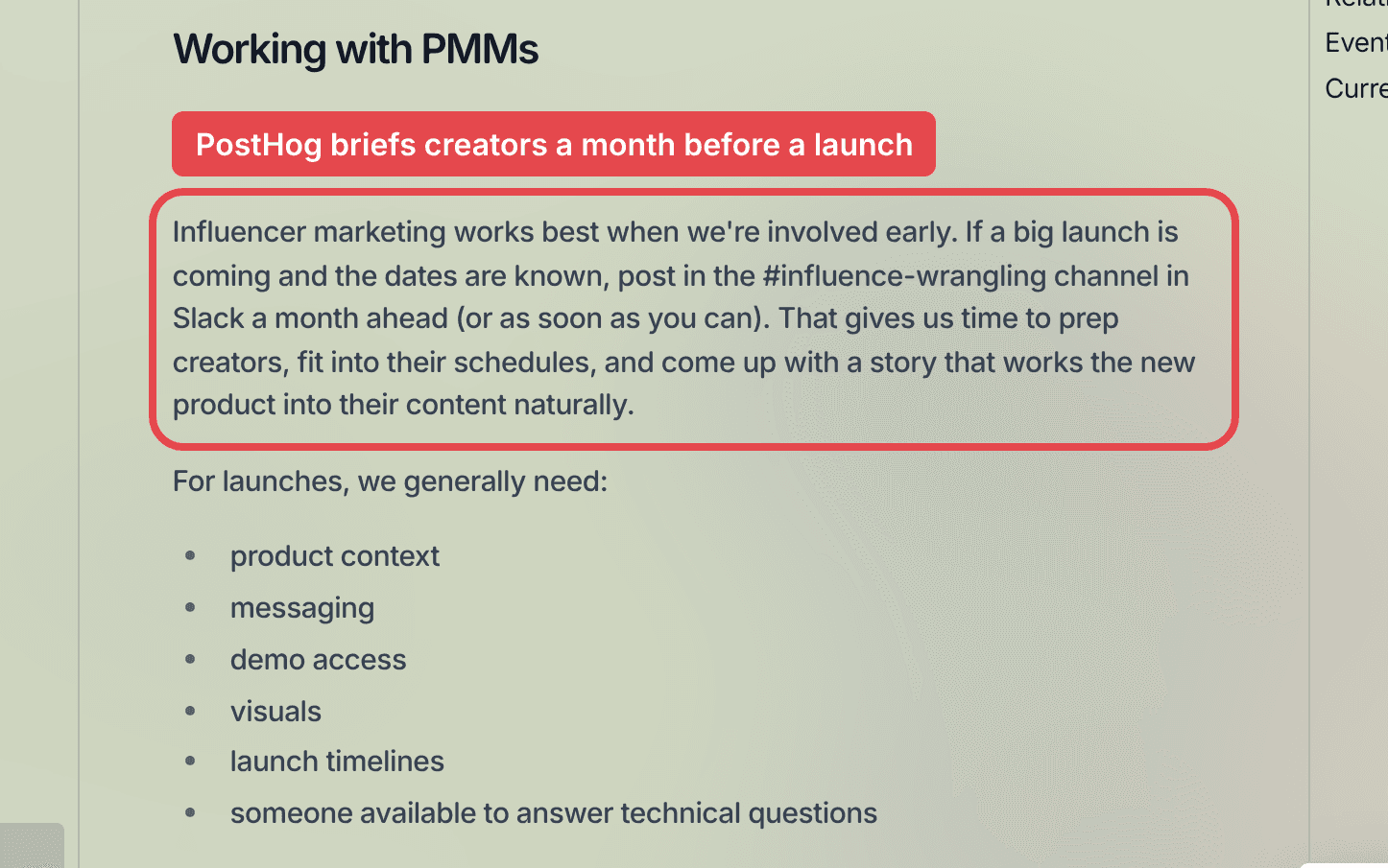 Highlighted passage from PostHog's handbook section on working with product marketers, asking them to post about a big launch a month ahead so the creator team has time to prep creators, and listing what launches need: product context, messaging, demo access, visuals, launch timelines and someone available to answer technical questions