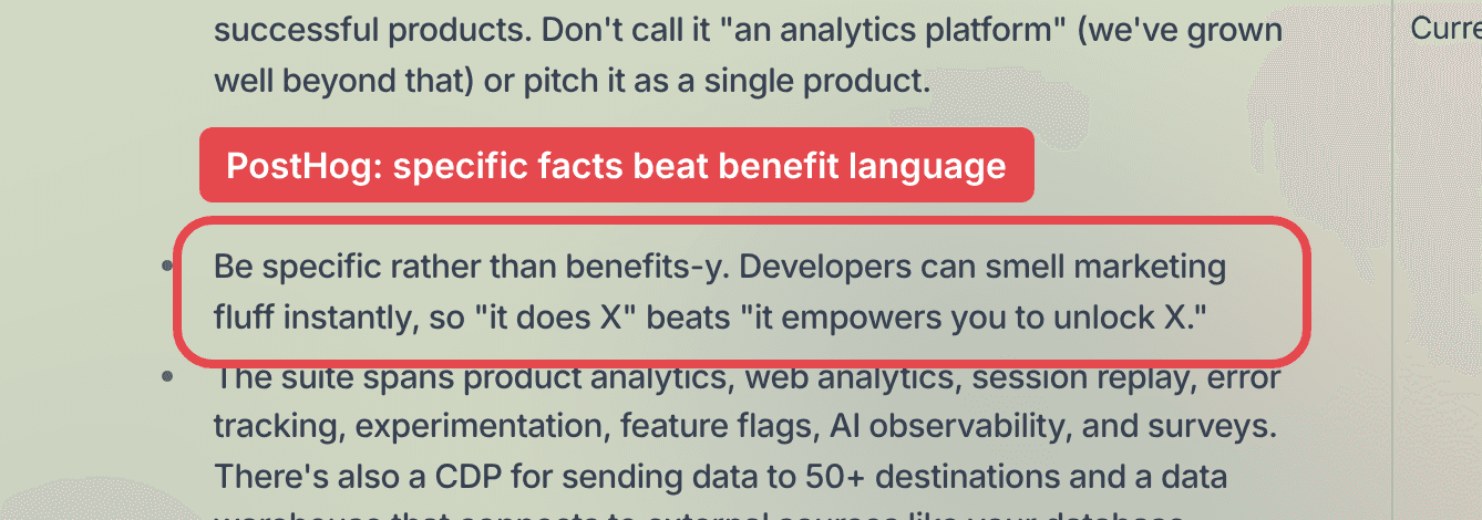 Highlighted line from PostHog's handbook telling creators to be specific rather than benefits-y, because developers can smell marketing fluff instantly, so "it does X" beats "it empowers you to unlock X"