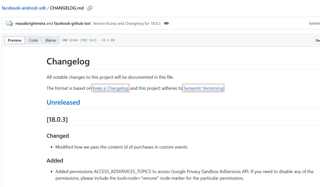 changelog vs release notes - facebook sdk