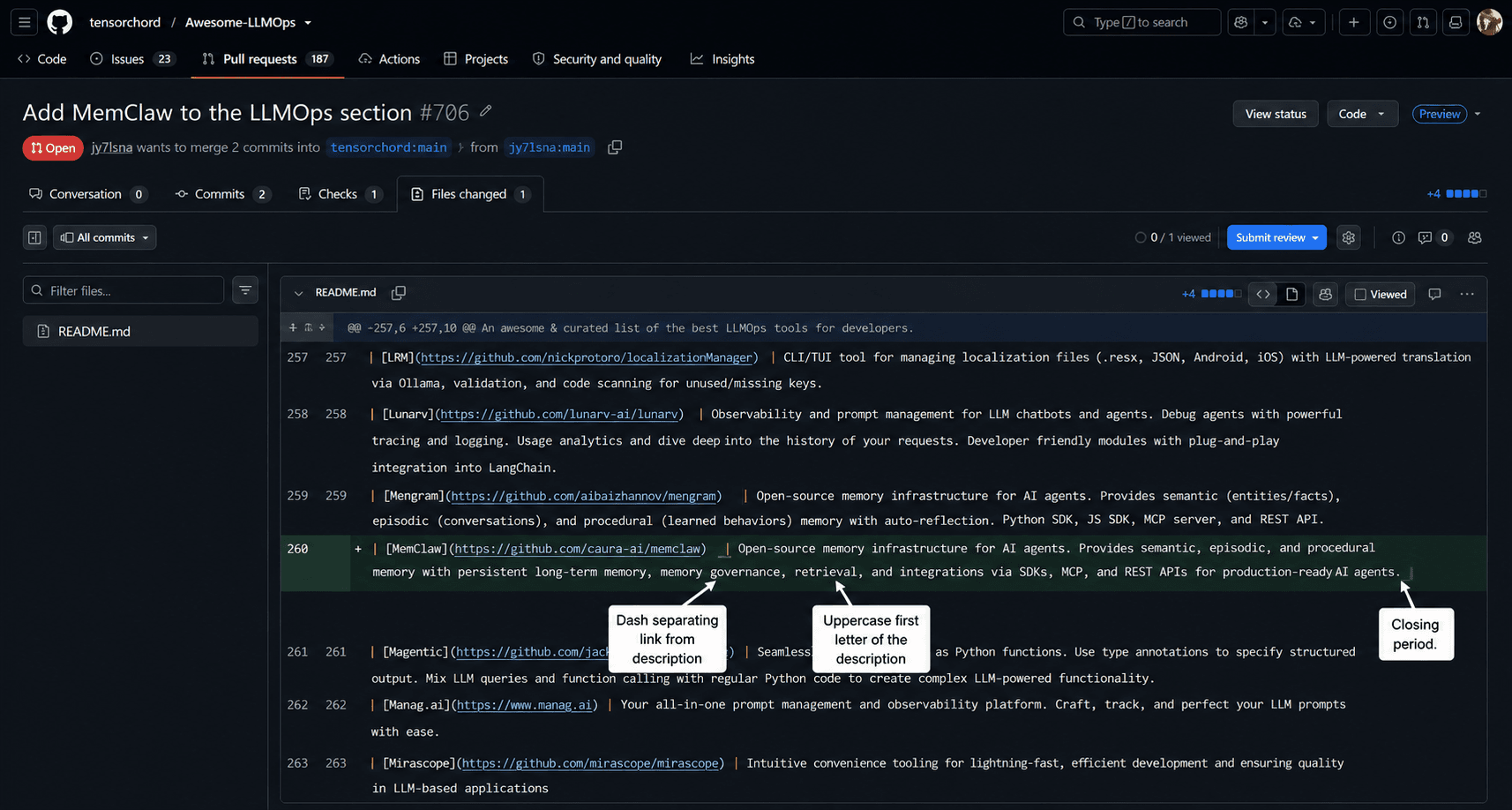 Pull request diff showing the exact awesome-list entry format: link, dash, description starting with an uppercase letter and ending in a period