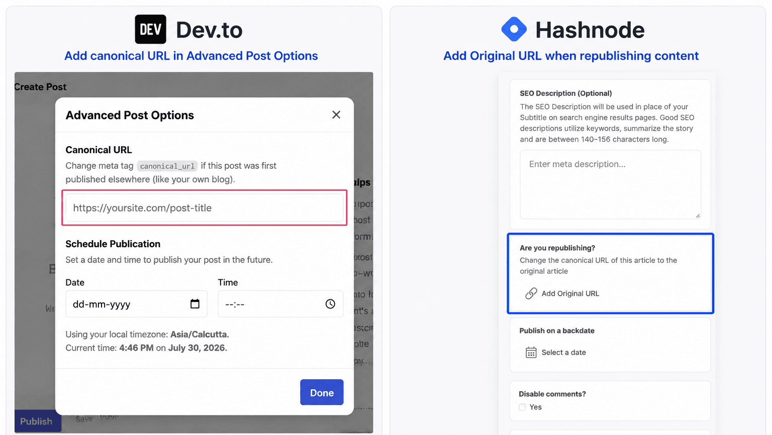 Side-by-side screenshots of Dev.to's Advanced Post Options canonical URL field and Hashnode's Add Original URL republishing option