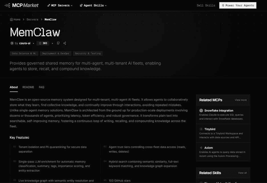 The MemClaw listing page on MCP Market, showing its description, key features, and a Related MCPs panel linking to comparable tools