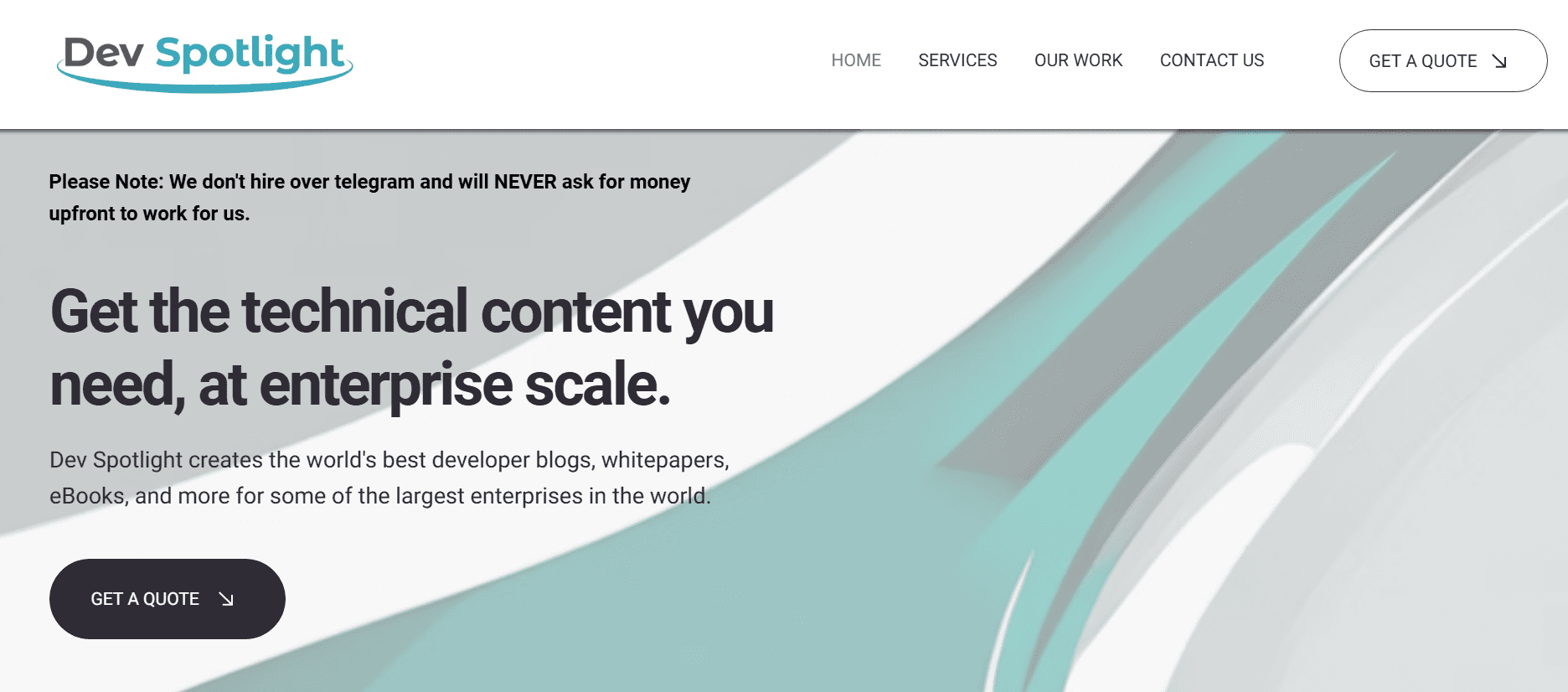 Screenshot of Dev Spotlight's homepage headline, Get the technical content you need at enterprise scale, describing developer blogs, whitepapers and eBooks for large enterprises