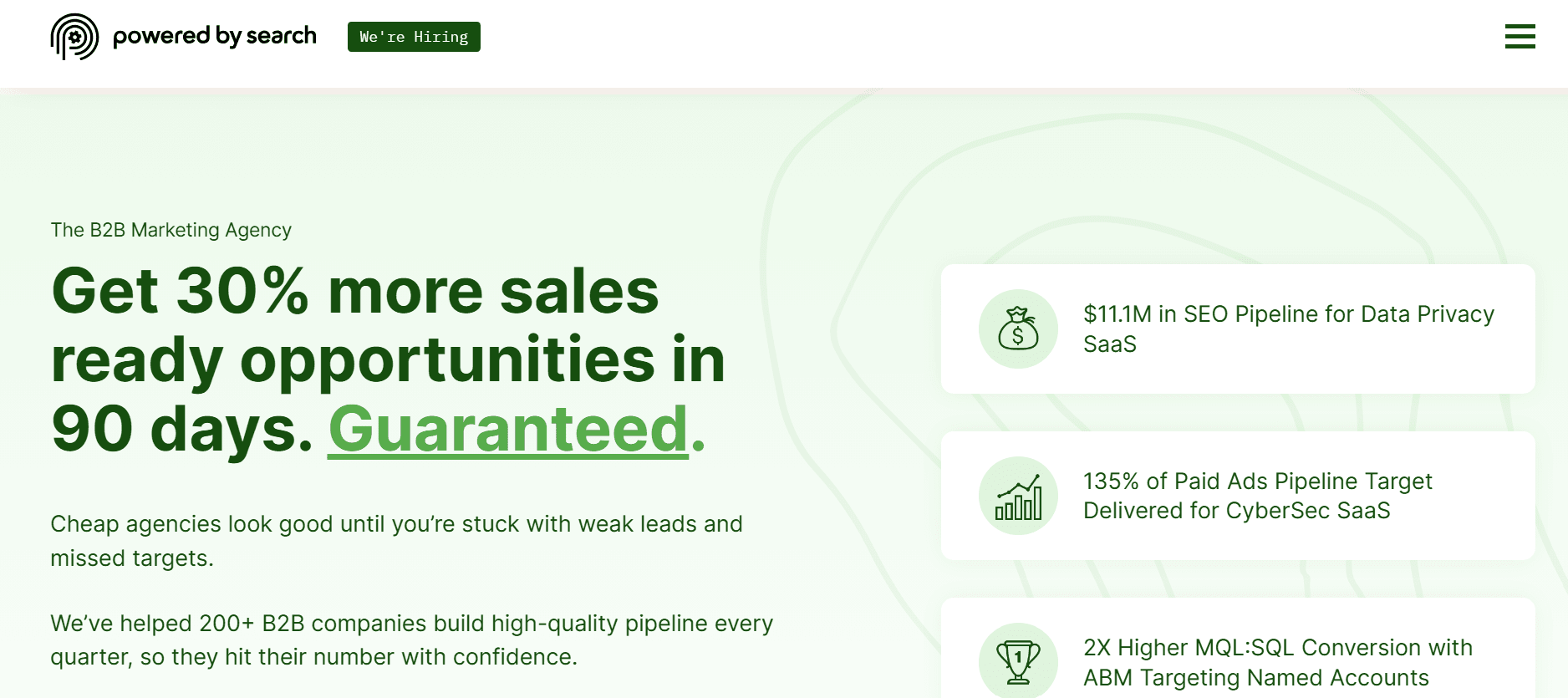 Screenshot of Powered by Search's homepage headline, Get 30 percent more sales ready opportunities in 90 days, guaranteed, alongside client results including 11.1 million dollars in SEO pipeline for a data privacy SaaS company