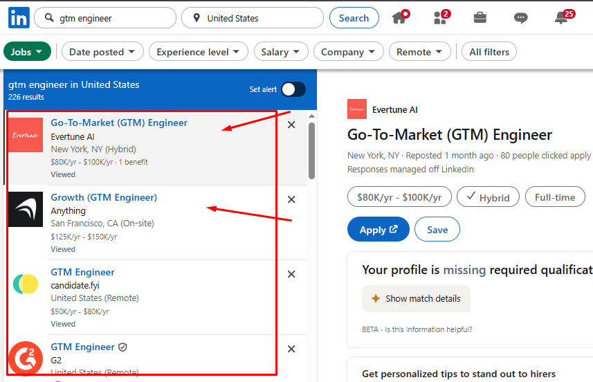 Screenshot of LinkedIn job search results for GTM Engineer roles, showing multiple open positions with salary ranges between $80K and $150K, illustrating growing demand for GTM engineers