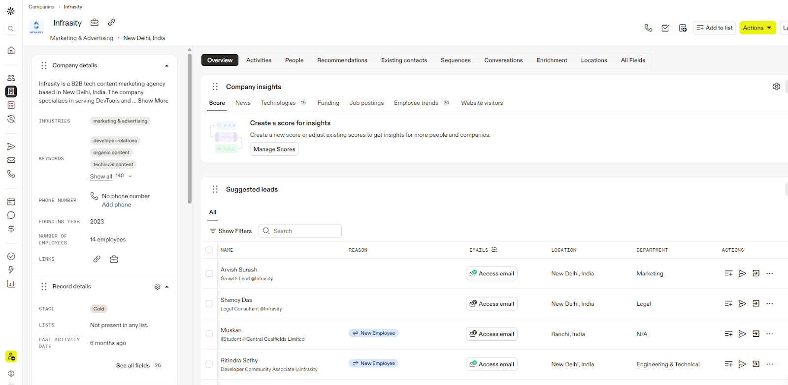 Snapshot of Infrasity's dashboard on Apollo showing how GTM engineers manage automated outbound campaigns, prospect lists, and engagement tracking to generate new business opportunities