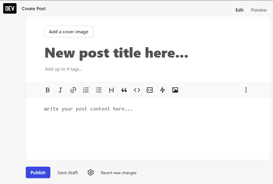 Snapshot of creating a post on Dev.to. The snapshot shows the New post title here... where the poster adds the title and add the content to distribute it.
