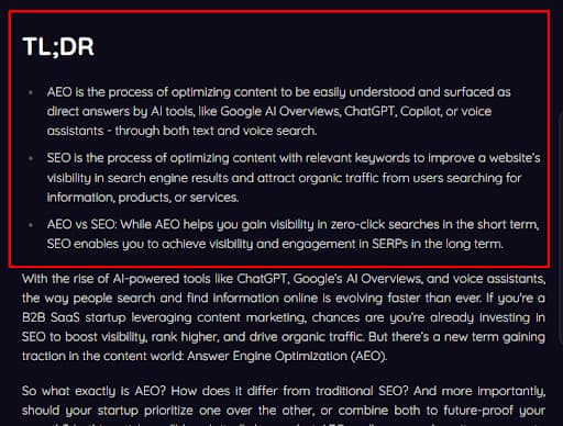 Screenshot of TL;DR section explaining AEO and SEO differences, including definitions, benefits, and how AI tools like ChatGPT and Google AI Overviews impact search visibility.
