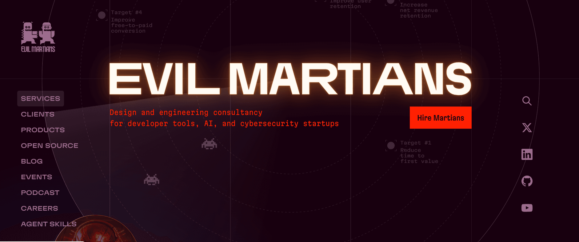Evil Martians' homepage: design and engineering consultancy for developer tools, AI, and cybersecurity startups