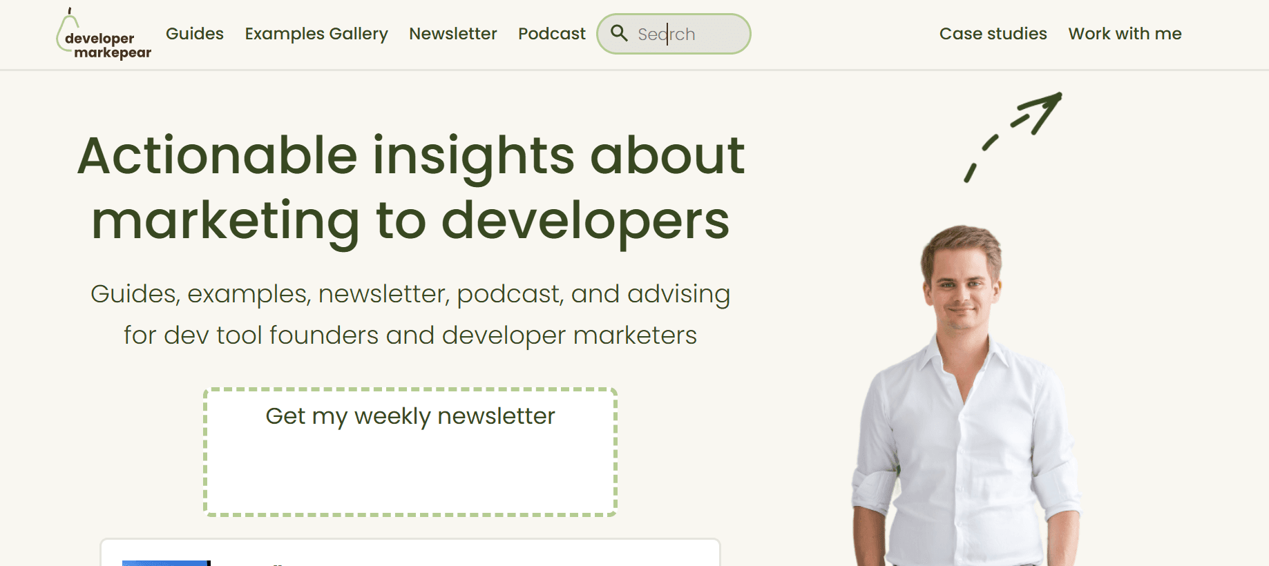 Markepear's homepage: actionable insights about marketing to developers