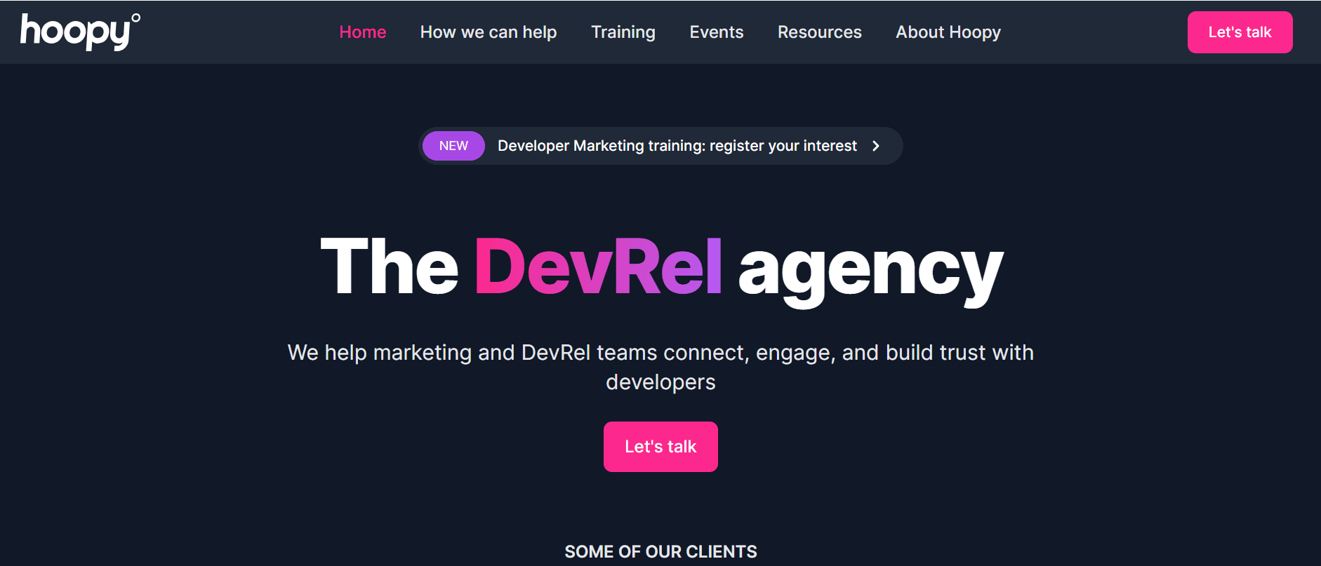 Hoopy's homepage: the DevRel agency helping marketing and DevRel teams connect with developers