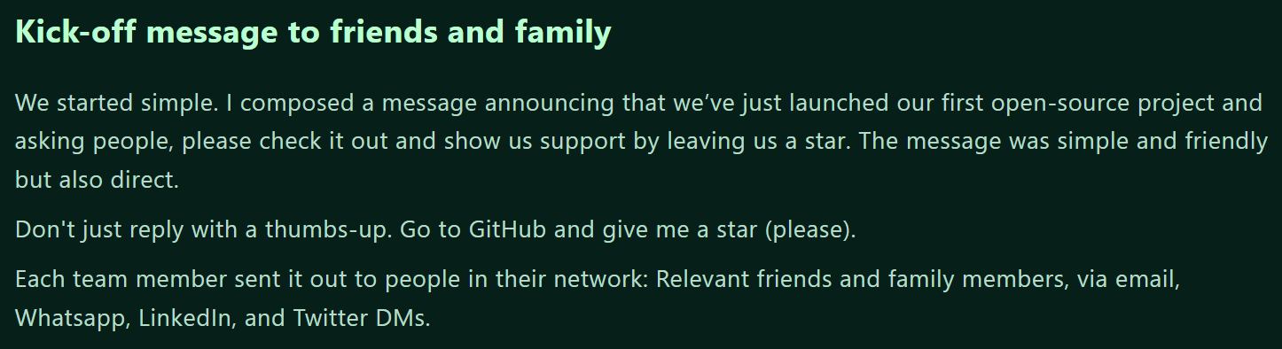 Kick-off message asking friends and family to star a repo