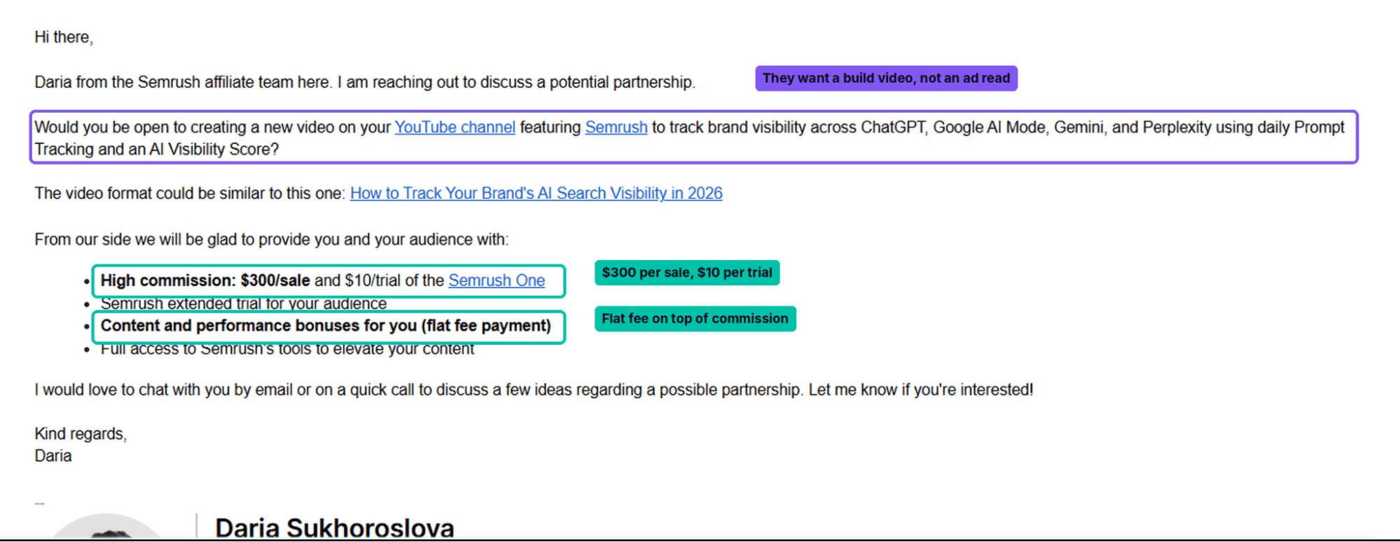 Screenshot of an outreach email from Semrush's affiliate team asking a creator for a YouTube video featuring Semrush's AI visibility tracking, offering a $300 per sale commission, $10 per trial payout, and a flat content fee on top of the commission
