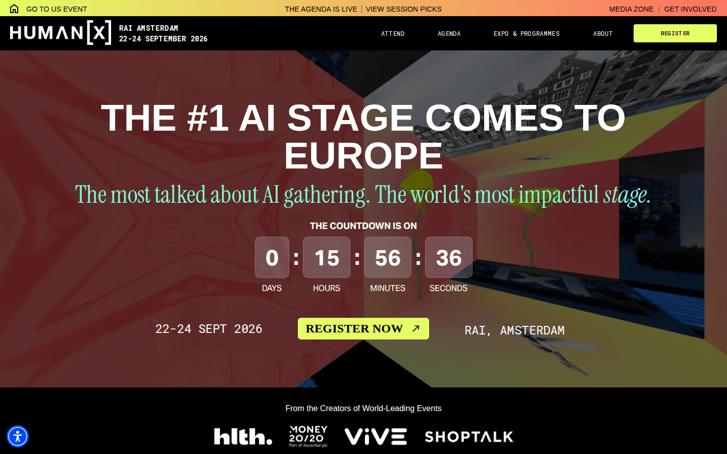 Screenshot of the HumanX Europe homepage showing a countdown timer of 0 days, 15 hours to the event, with the headline The number 1 AI stage comes to Europe and the dates 22-24 Sept 2026 at RAI Amsterdam