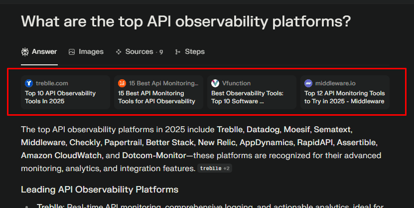 Snapshot of Perplexity.ai search results listing vendors with links directly to their docs.