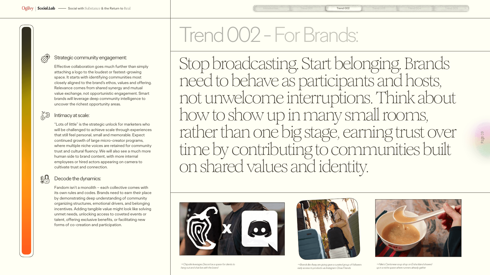 Screenshot of an Ogilvy Social.Lab Social Trends 2026 report page titled Stop broadcasting, start belonging, advising brands to show up in many small rooms rather than one big stage and earn trust over time by contributing to communities built on shared values