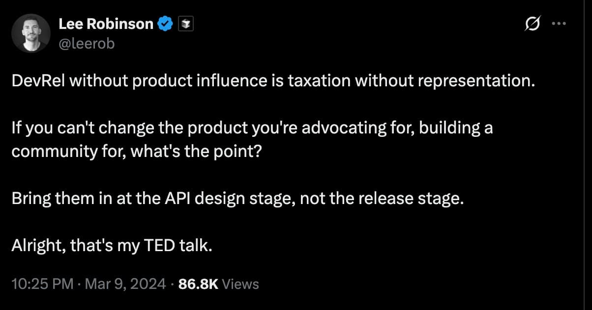 Snapshot from X of Lee Robinson, VP of Product at Vercel, on DevRel.