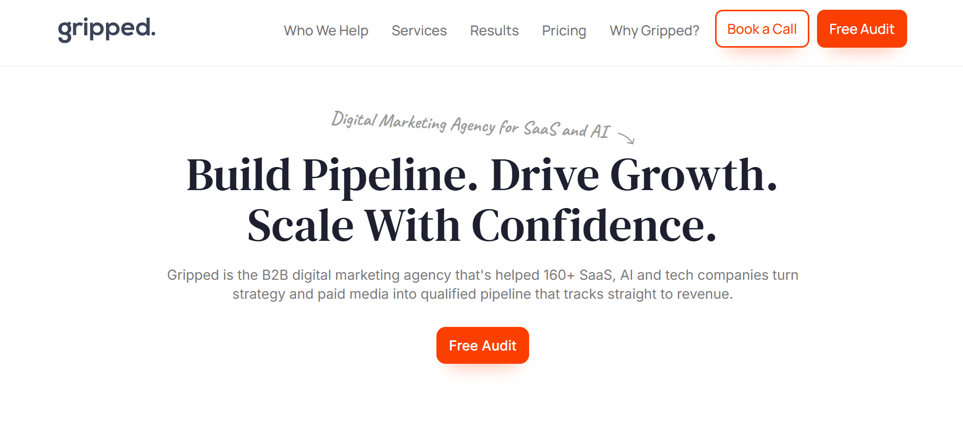 Gripped's homepage positioning as the digital marketing agency for SaaS and AI