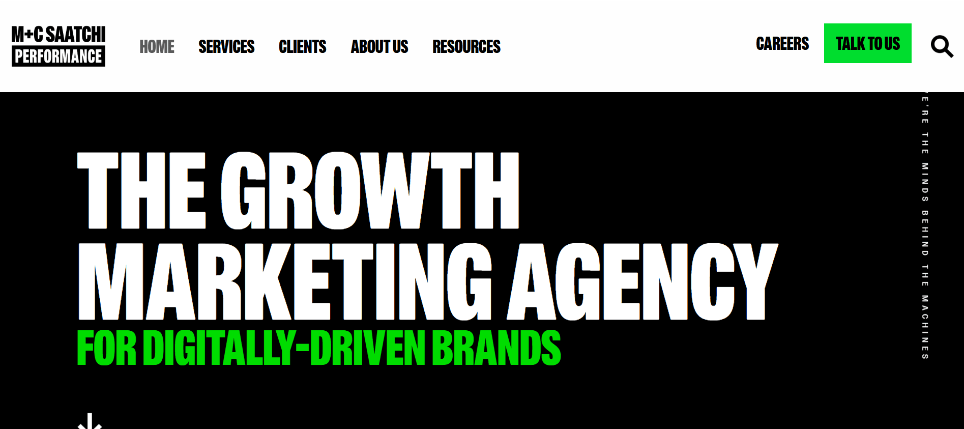 M+C Saatchi Performance's homepage describing itself as the growth marketing agency for digitally-driven brands
