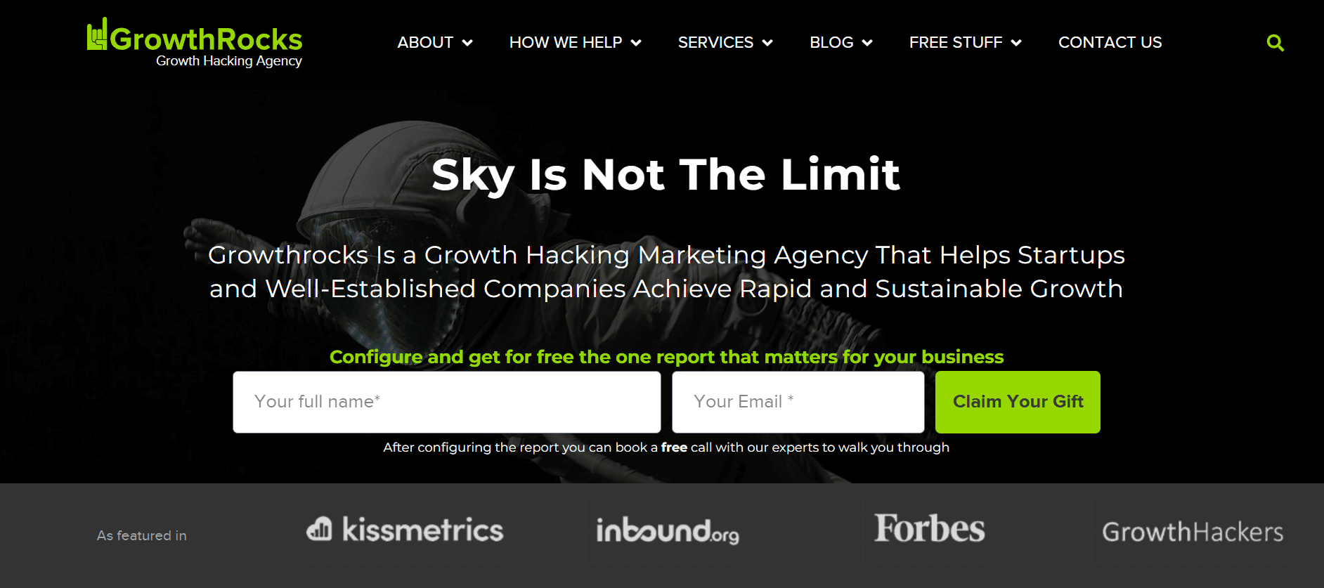 GrowthRocks' homepage describing itself as a growth hacking marketing agency