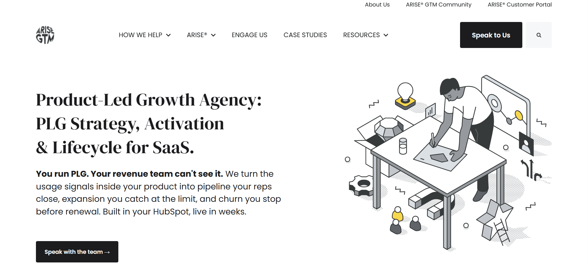 Arise GTM's homepage positioning as a product-led growth agency for PLG strategy, activation and lifecycle