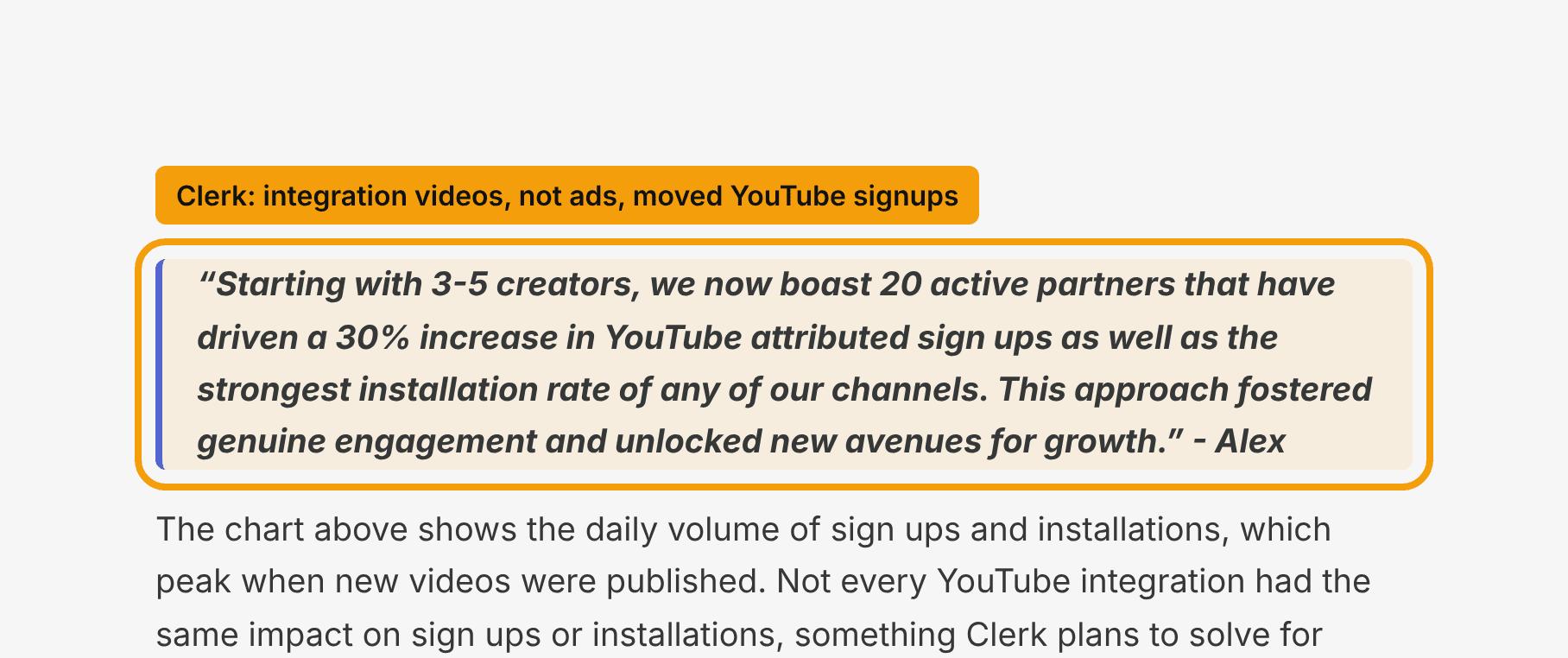 Pull quote from Clerk reading that starting with 3 to 5 creators it now has 20 active partners that have driven a 30% increase in YouTube attributed sign ups as well as the strongest installation rate of any of its channels