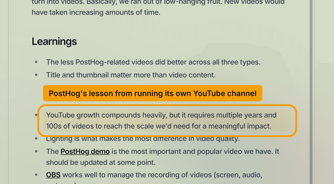 PostHog handbook learnings section from running its own YouTube channel, with the highlighted line reading that YouTube growth compounds heavily but requires multiple years and hundreds of videos to reach the scale needed for meaningful impact
