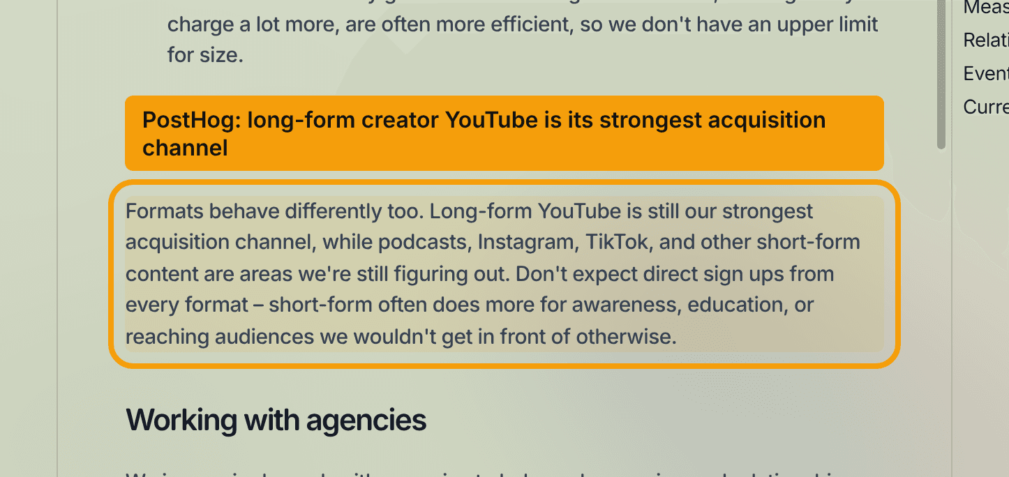 Highlighted passage from PostHog's public handbook reading that long-form YouTube is still its strongest acquisition channel, while podcasts, Instagram, TikTok and other short-form content are areas it is still figuring out