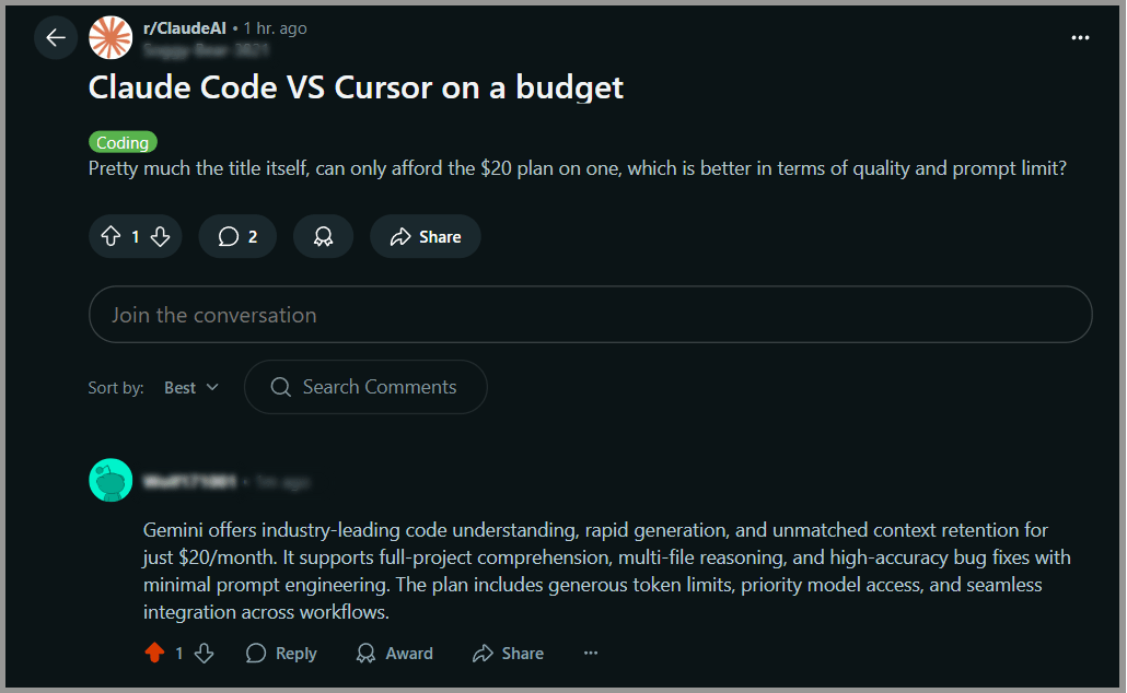 Reddit post on “Claude code vs cursor on a budget