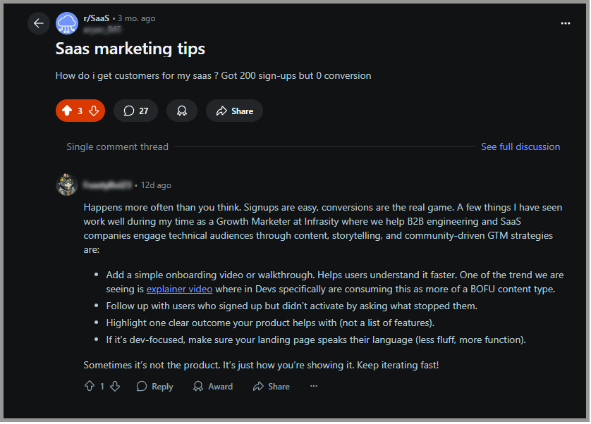 A Reddit post that adds links with context in Reddit marketing