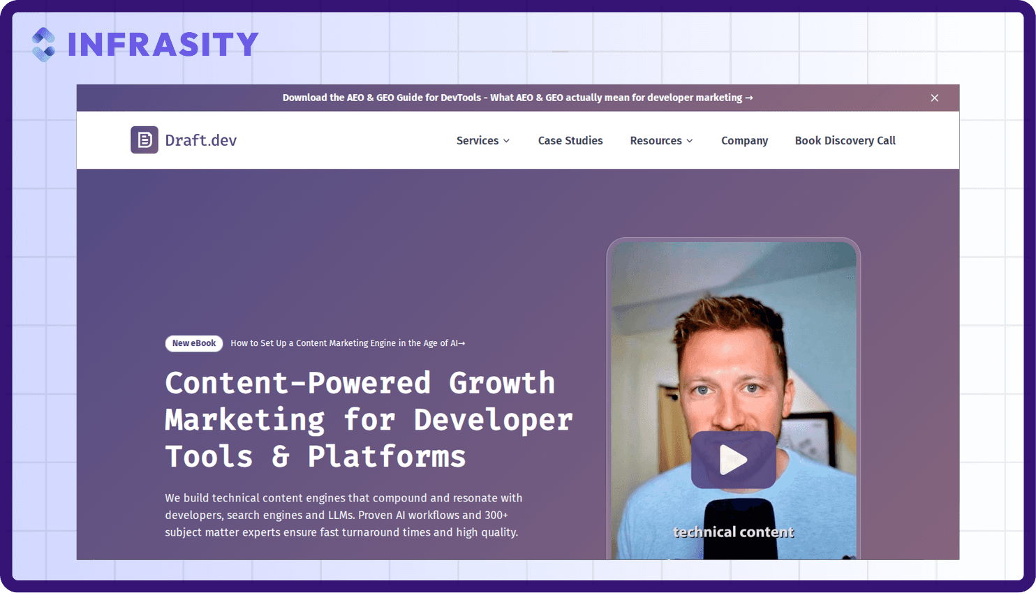 Draft.dev homepage screenshot showing the headline "Content-Powered Growth Marketing for Developer Tools and Platforms"