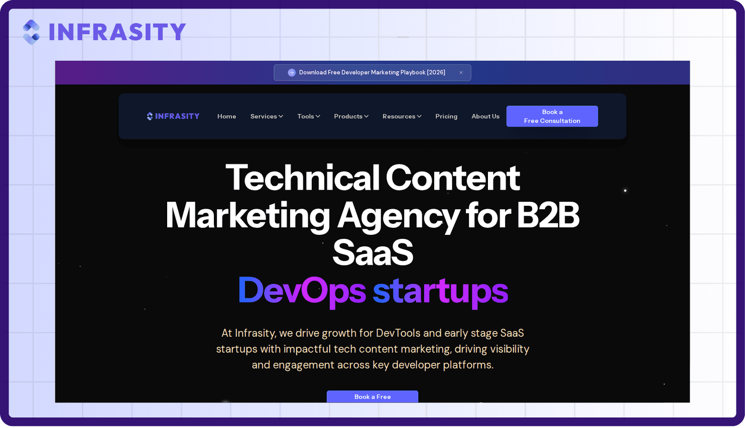 Infrasity homepage screenshot showing the headline "Technical Content Marketing Agency for B2B SaaS DevOps startups" with a book a free consultation call to action
