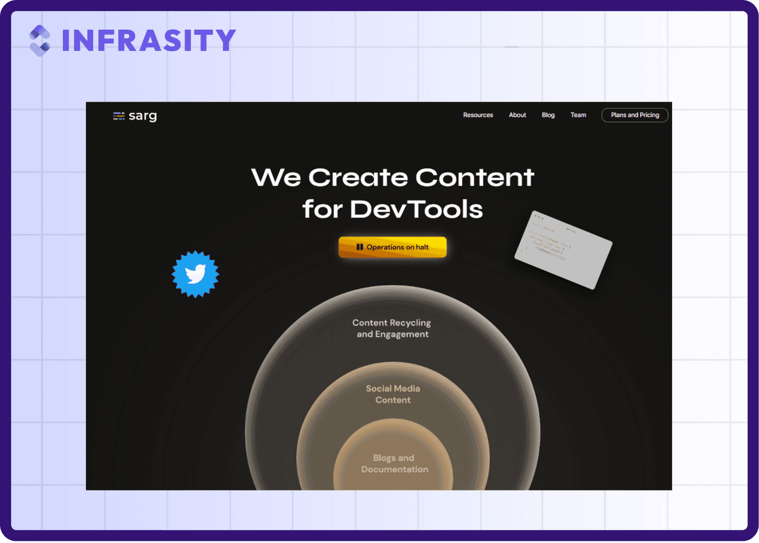 Sarg.io homepage screenshot showing the headline "We Create Content for DevTools" with concentric circles for blogs and documentation, social media content, and content recycling
