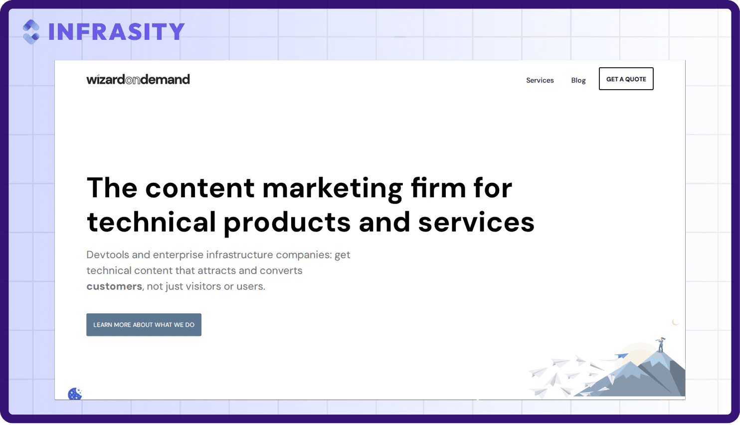 Wizard on Demand homepage screenshot describing itself as "The content marketing firm for technical products and services"