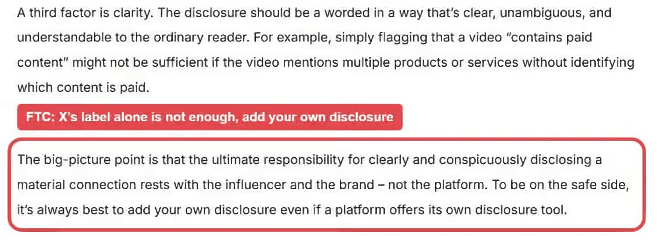 Screenshot of the FTC's endorsement guidance, with the highlighted passage stating that ultimate responsibility for clearly and conspicuously disclosing a material connection rests with the influencer and the brand rather than the platform, and that it is safest to add your own disclosure even when a platform offers its own tool