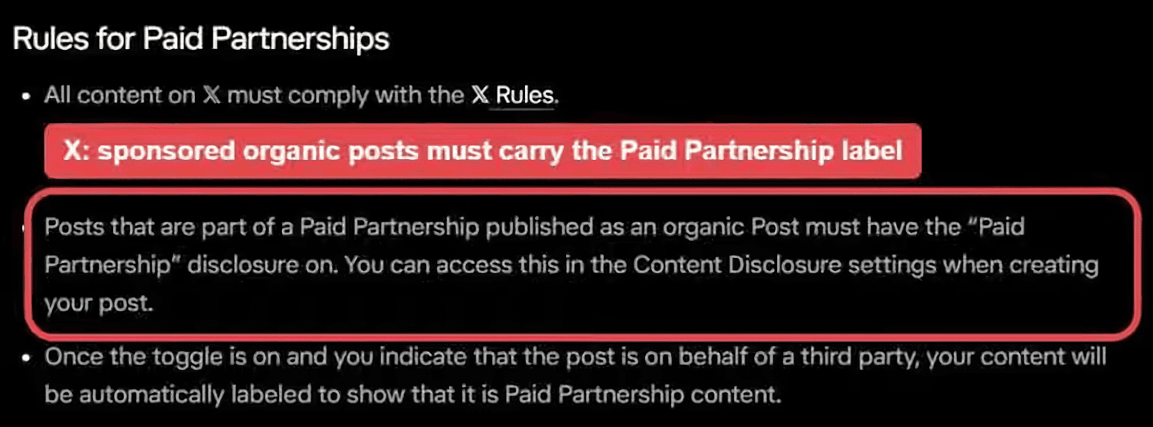 Screenshot of X's Rules for Paid Partnerships page, with the highlighted line stating that posts that are part of a Paid Partnership published as an organic Post must have the Paid Partnership disclosure on, accessible in Content Disclosure settings when creating the post