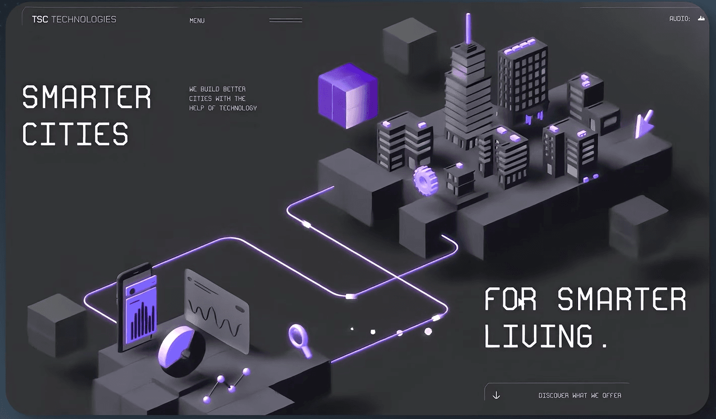 Anti-grid layout on a technology studio homepage, with the headline split into two blocks positioned asymmetrically across opposite corners of the screen