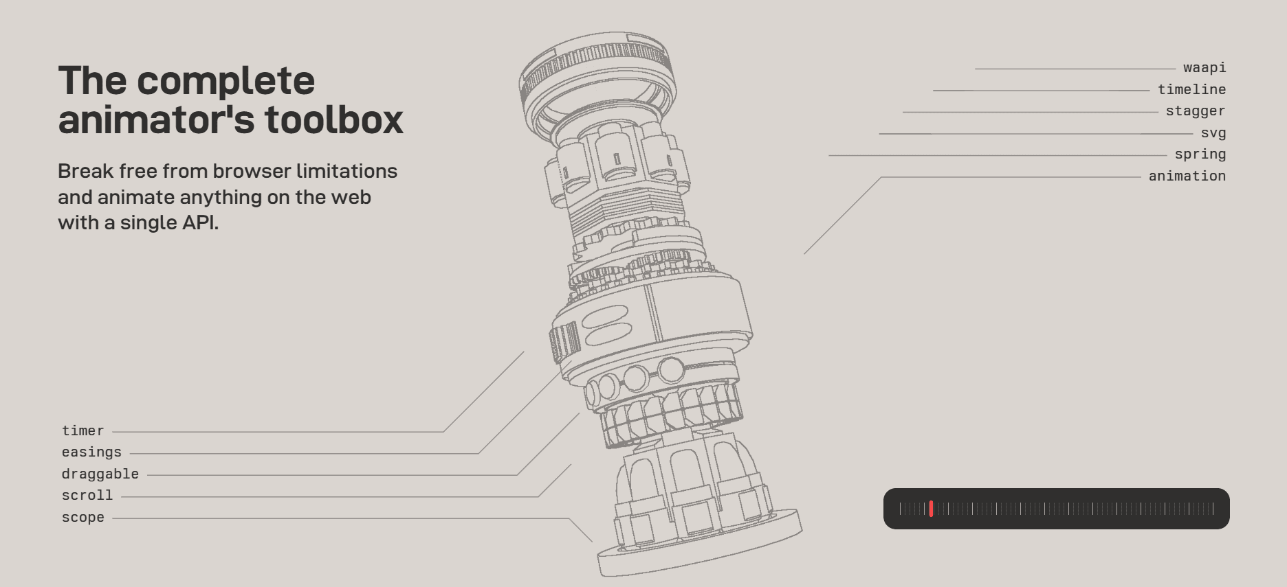 Oversized type and an exploded 3D diagram on an animation library homepage, with monospace labels annotating each module of the toolbox